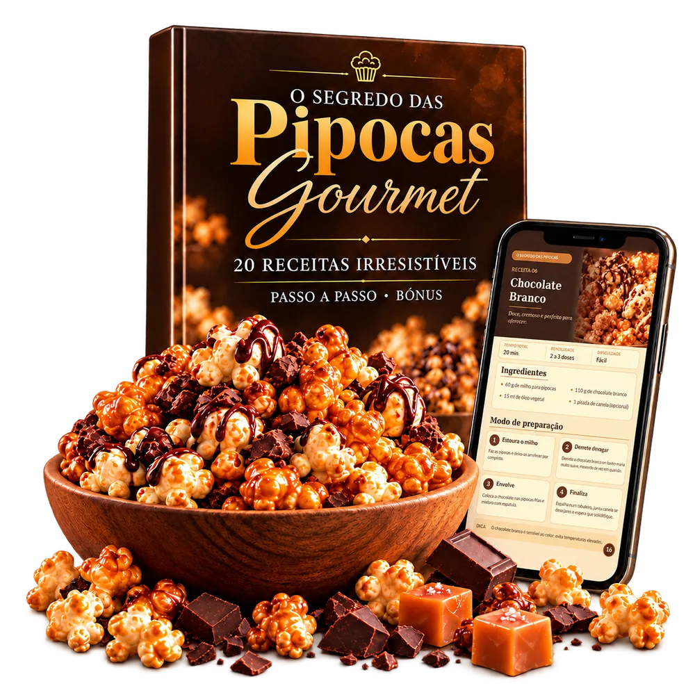 Livro O Segredo das Pipocas Gourmet, telemóvel com uma receita aberta e uma taça de pipocas de caramelo e chocolate